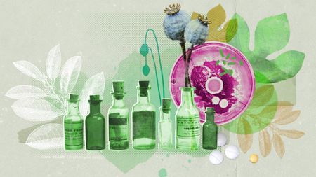 Seven glass medicine bottles lined up in front of an illustration of plants, indicating natural drugs