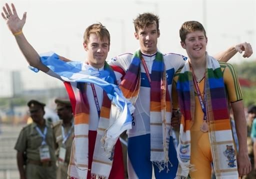 Alex Dowsett (England), David Millar (Scotland) and Luke Durbridge (Australia) on the podium at the Commonwealth Games