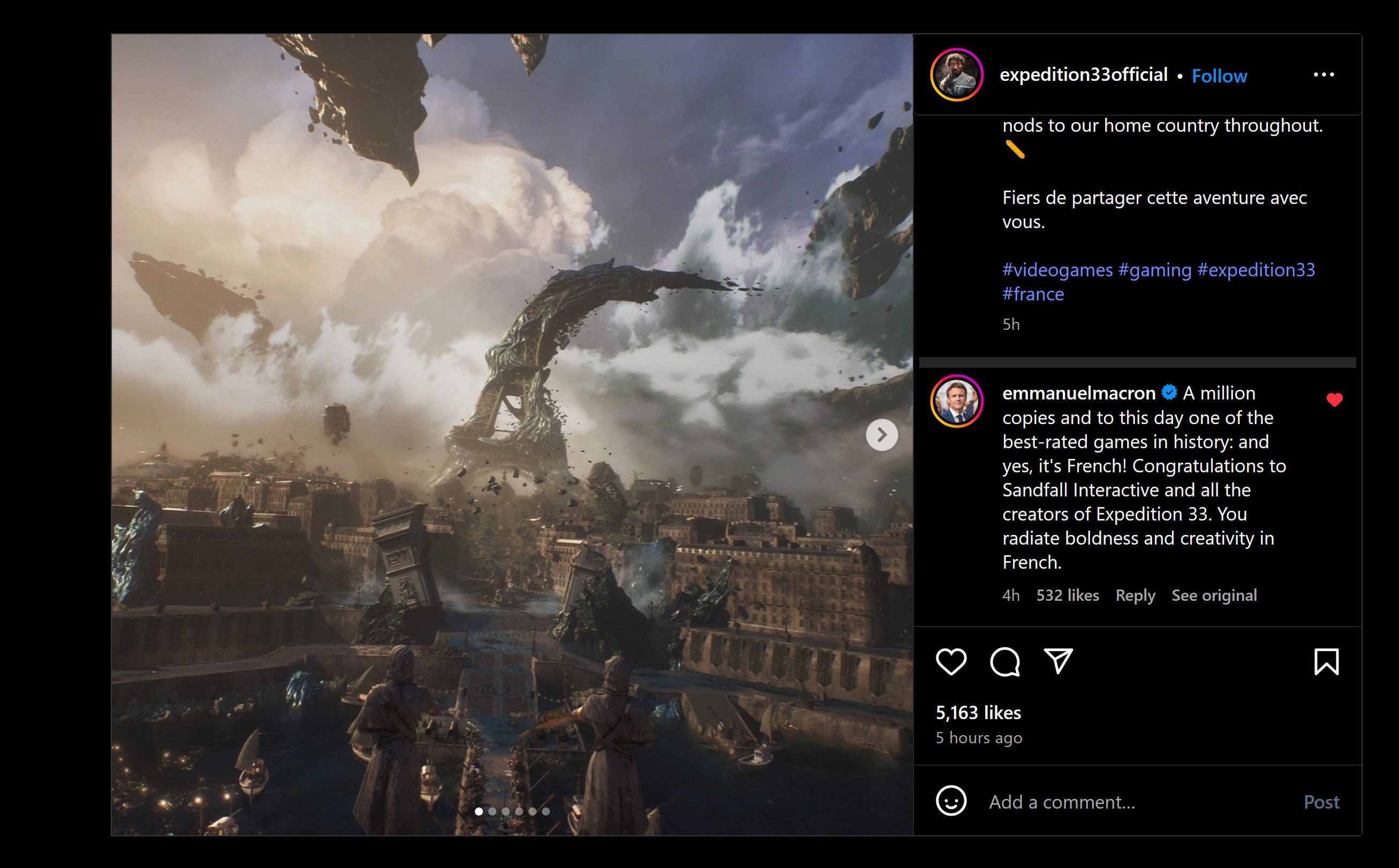Un million d’exemplaires et à ce jour l’un des jeux les mieux notés de l’histoire : et oui, c’est Français ! Bravo à Sandfall Interactive et à tous les créateurs d’Expedition 33. Vous faites rayonner l’audace et la créativité à la française.