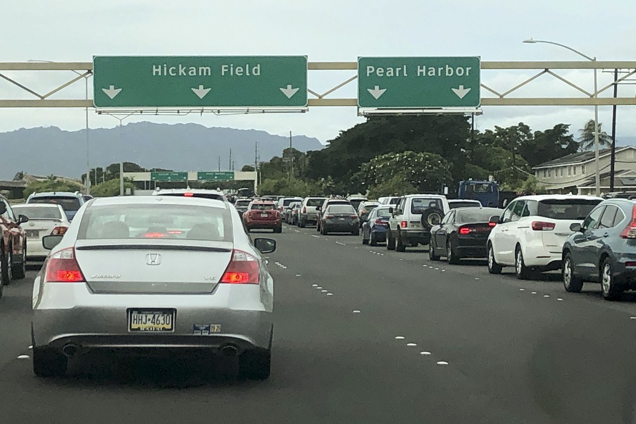 Traffic backs up at the Pearl Harbor Naval Shipyard.