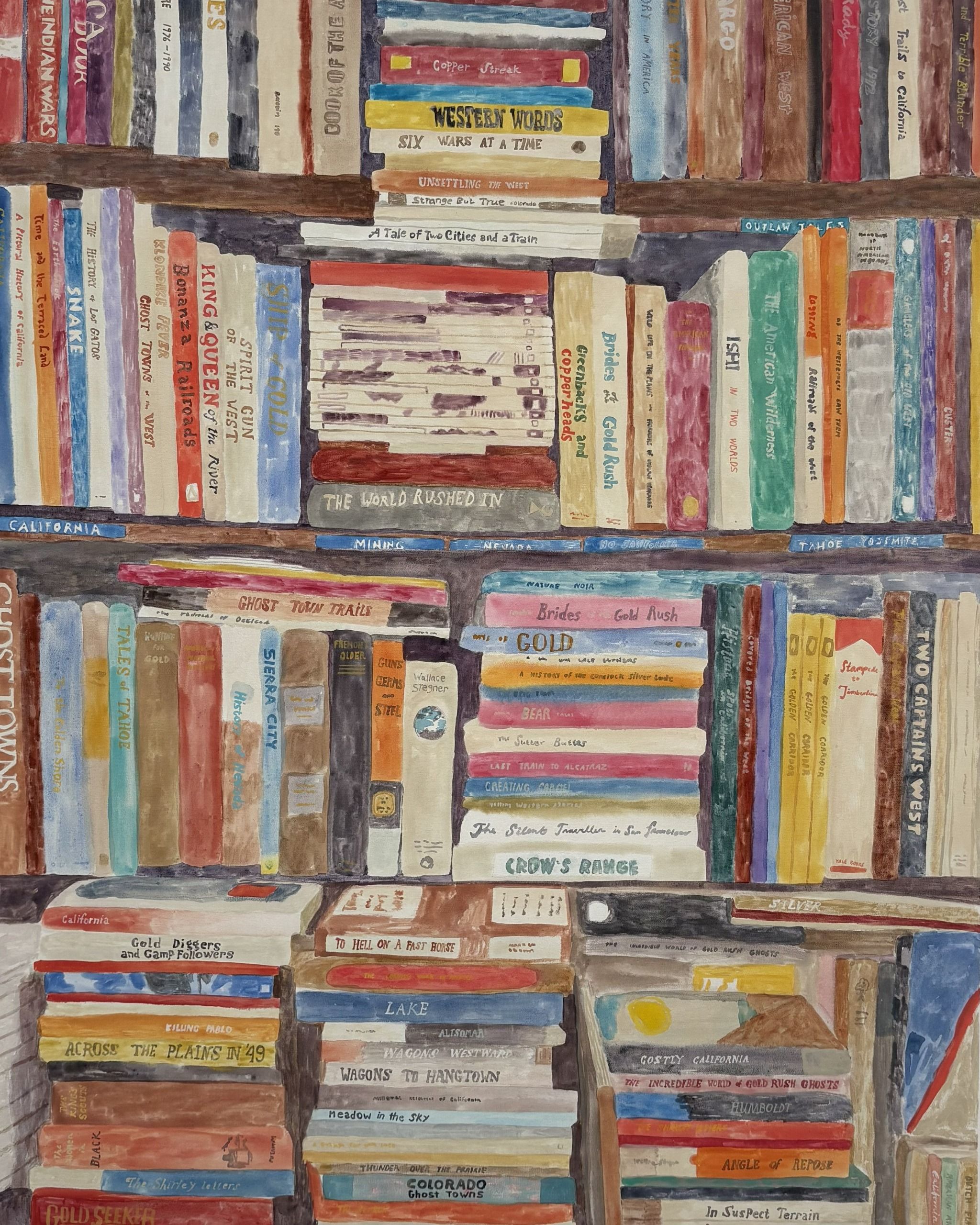 A hyper-realistic painting depicting a wall of colorful books.
