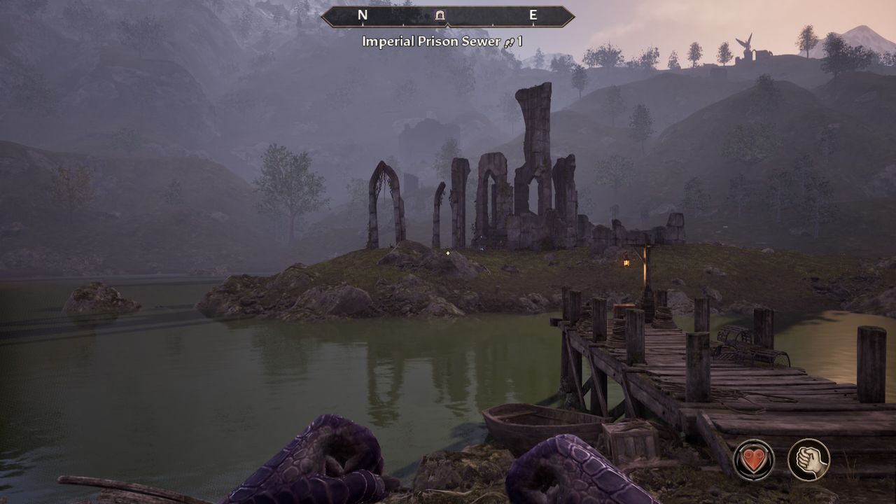 Comparison screenshots for The Elder Scrolls 4 Oblivion Remastered on Switch 2, with ancient ruins on a small island in a lake