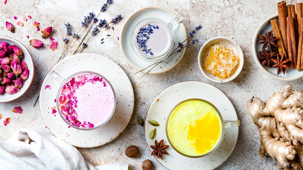 group shot of coloured lattes and superfoods