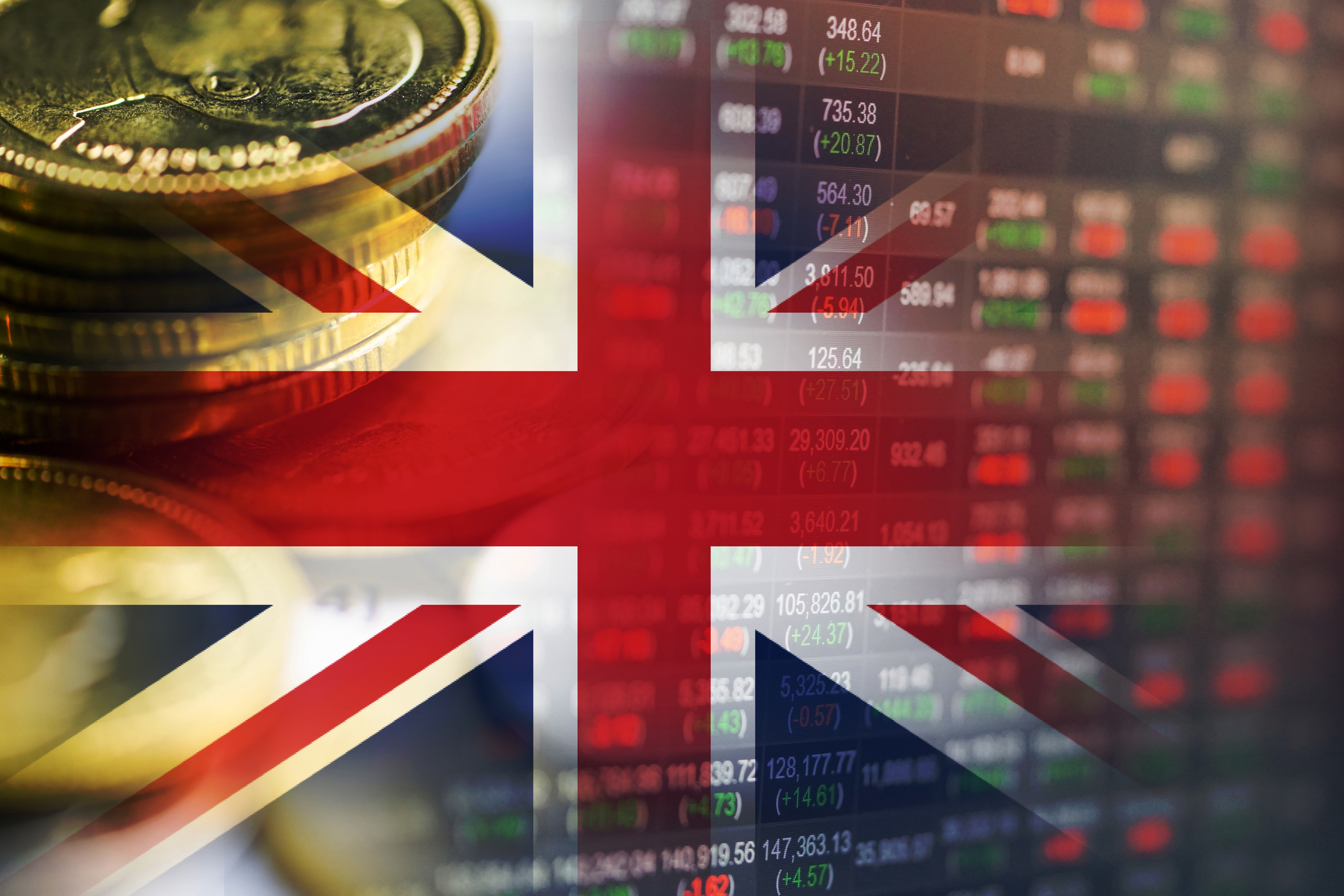 UK flag with stock market chart and coins in background representing FTSE 250 dividend stocks