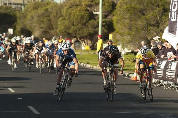 The charge to the line as Bikebug.com's Philip Grenfell (far left) had the edge.