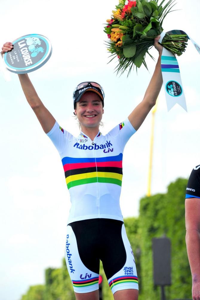 World champion Marianne Vos (Rabo-Liv) celebrates winning the first edition of La Coruse