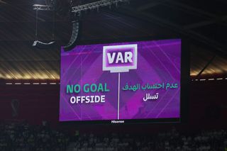 General view of the scoreboard showing the VAR decision as Ecuador's early effort is ruled out against Qatar in the World Cup's opening match.