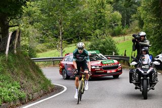 LAGOS DE COVADONGA SPAIN SEPTEMBER 03 Wout van Aert of Belgium and Team Visma Lease a Bike Green Points Jersey attacks in the breakaway during the La Vuelta 79th Tour of Spain 2024 Stage 16 a 1815km stage Luanco to Lagos de Covadonga 1069m UCIWT on September 03 2024 in Lagos de Covadonga Spain Photo by Tim de WaeleGetty Images