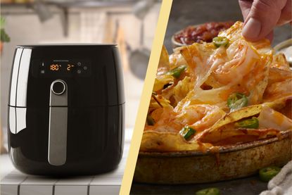 A collage of an air fryer and nachos