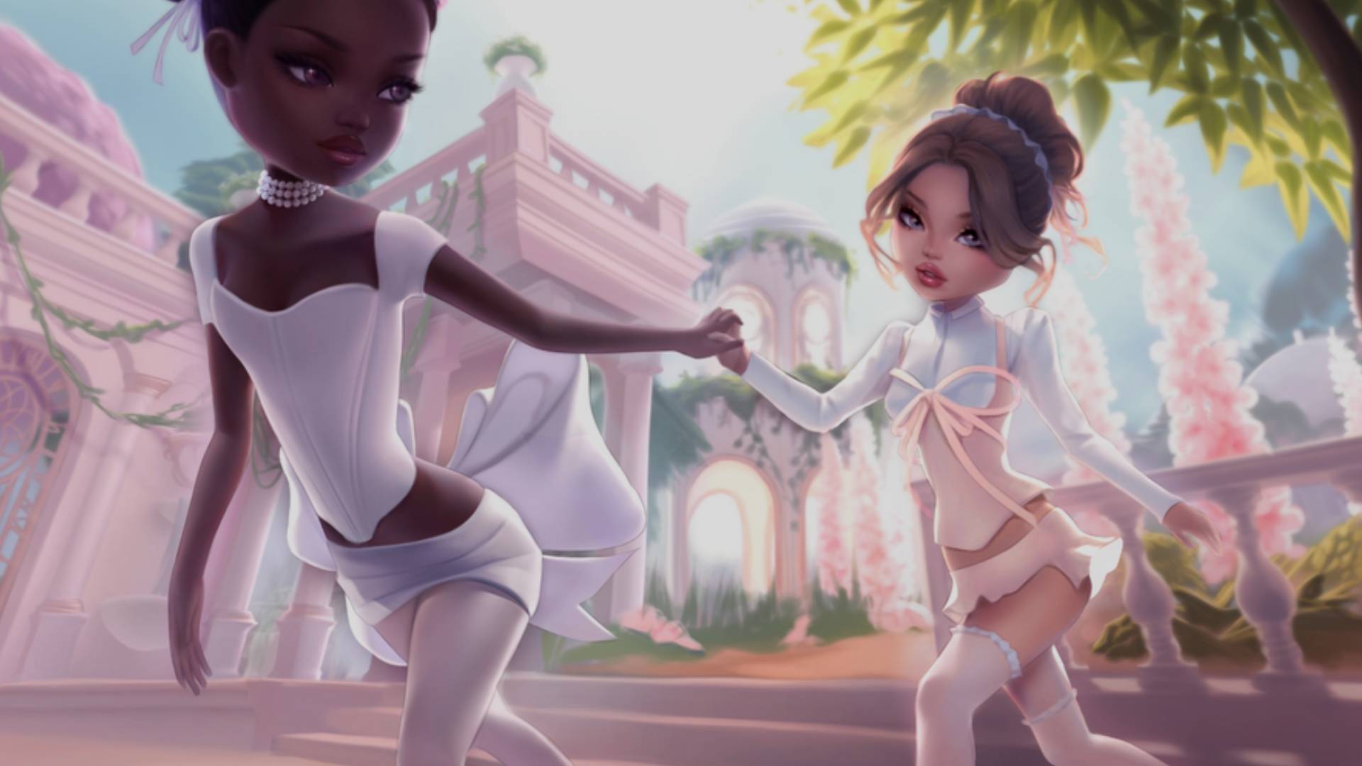 Two characters in dress to impress dressed in white and pink outfits holding hands outside of a building with pink flowers in the background