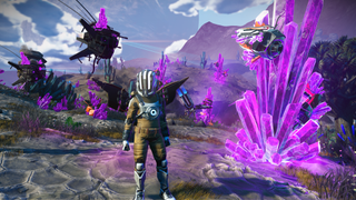 A pilot walks across a planet filled with purple crystals in No Man's Sky.