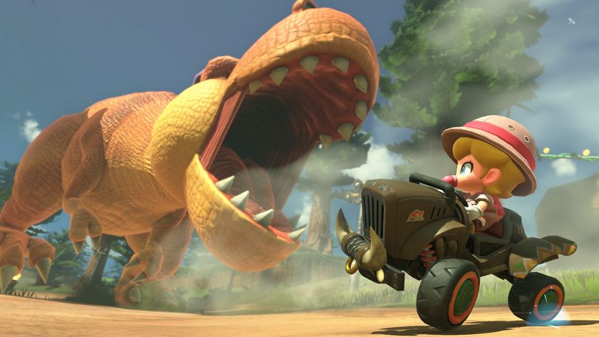 Mario Kart World screenshot showing a racer almost getting eaten by a dinosaur