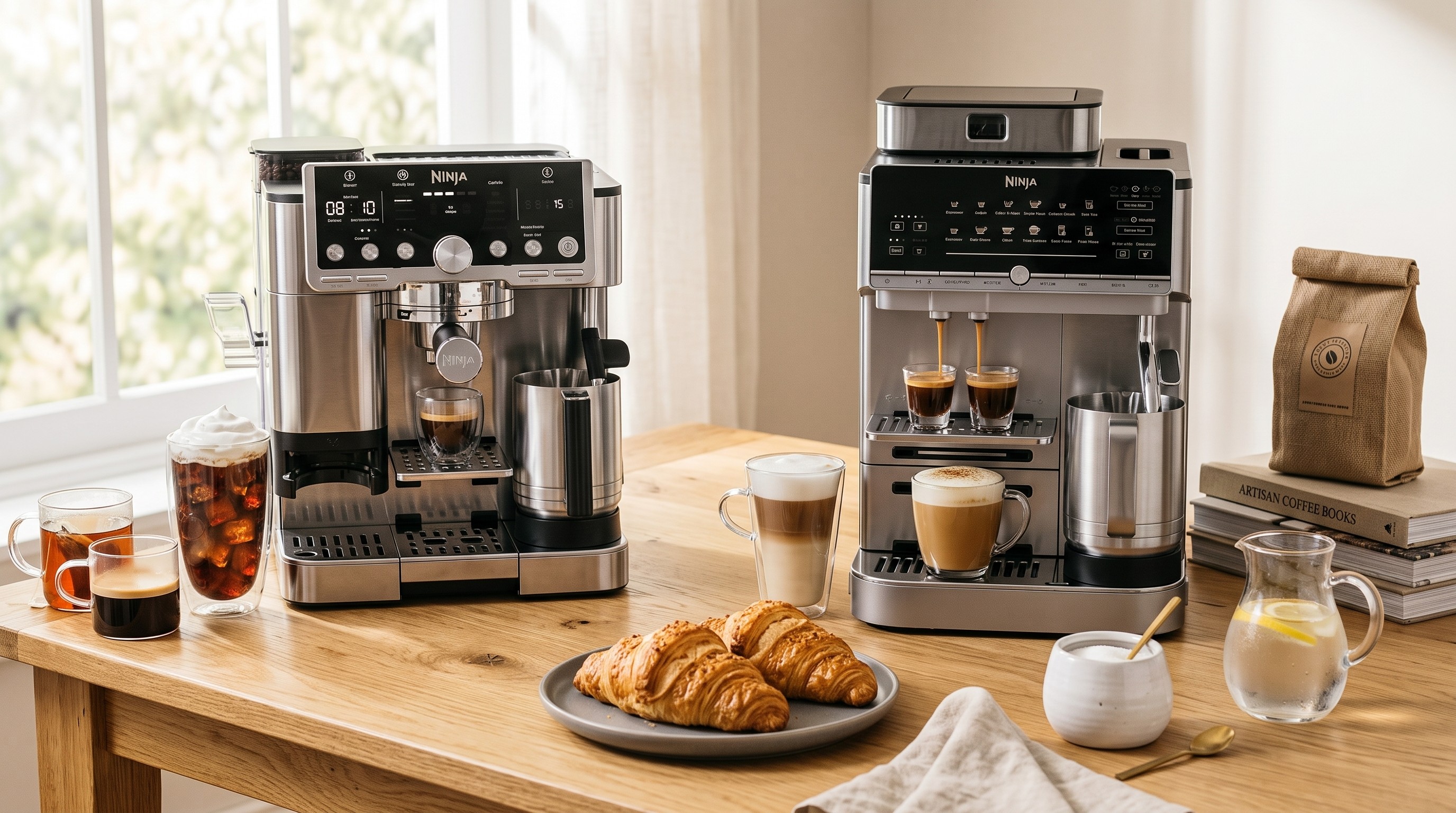 Two Ninja coffee maker on wooden kitchen table with coffee drinks and pastries