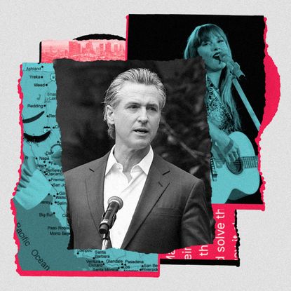 Stylized collage featuring California Governor Gavin Newsom speaking at a podium, layered over a torn map of the West Coast and juxtaposed with an image of Taylor Swift.