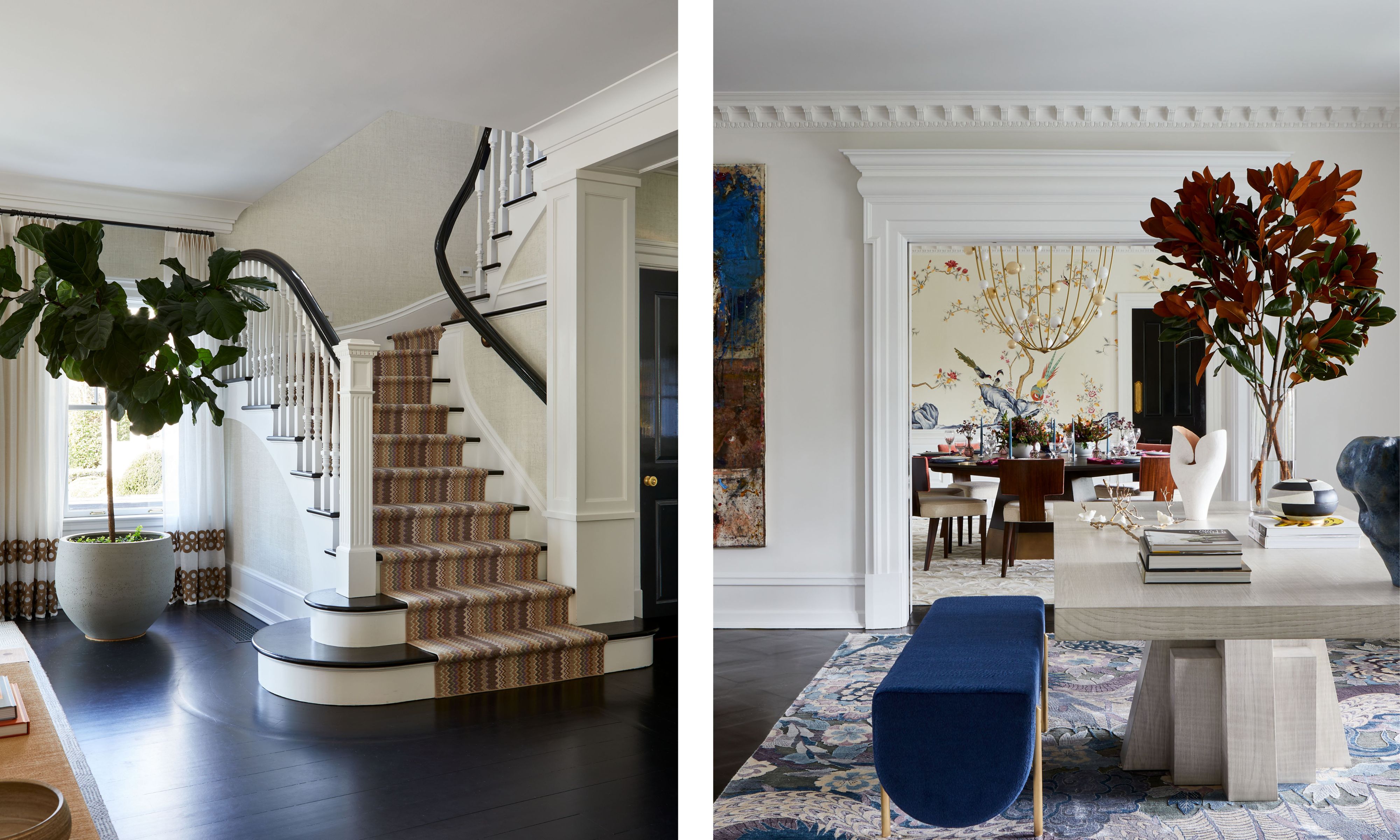 Left image: a white entryway with dark wooden floors and a staircase with a striped brown runner. There is a large potted tree in the corner. Right image: a different angle of the same entryway showing a large stone table with a blue bench decorated with books, ornaments and a large vase of foliage