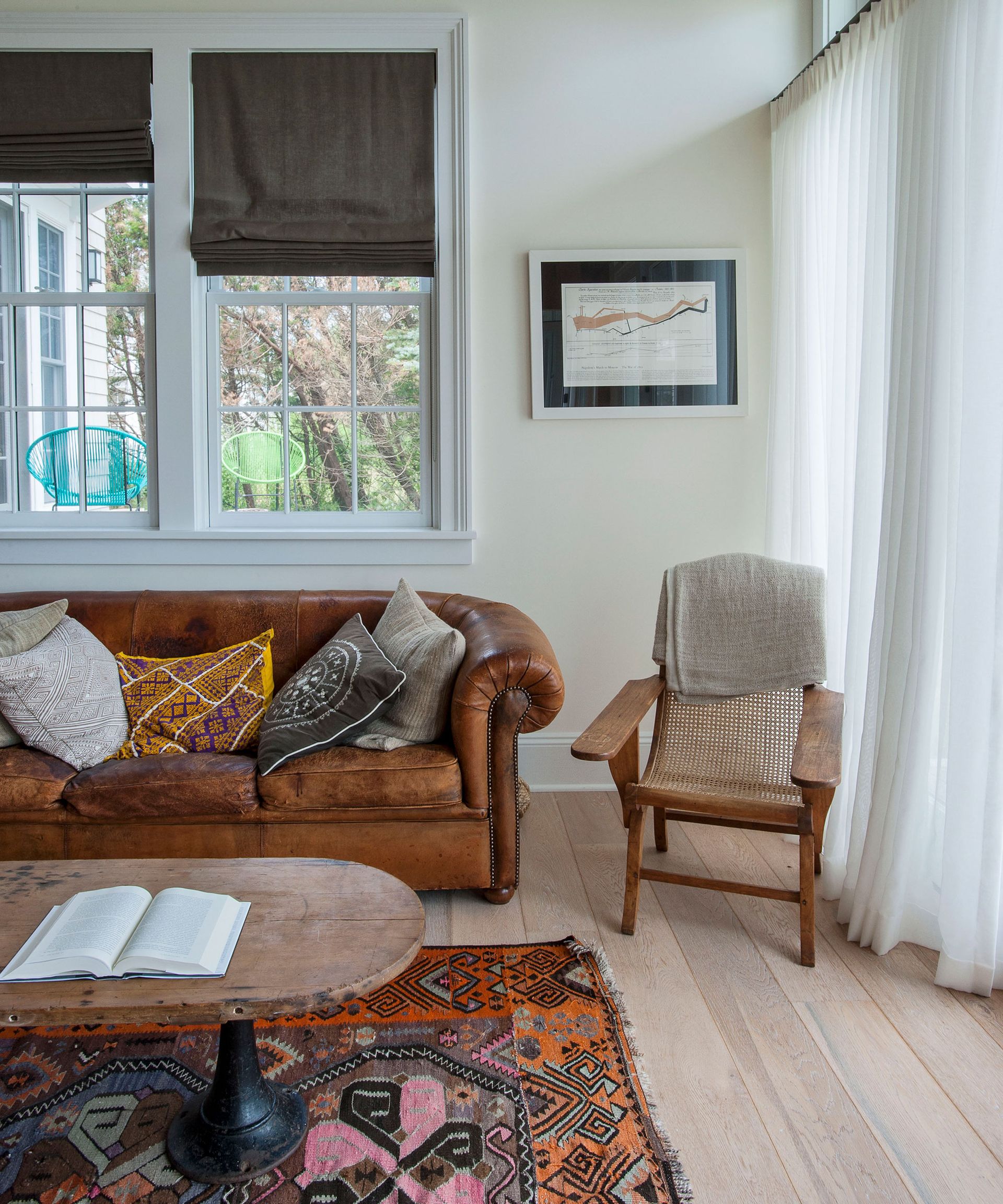 Rustic leather sofa and wood textures in neutral living room ideas with a patterned rug and white sheer drapes.