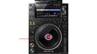 Pioneer CDJ 3000 with a red arrow pointing at the search buttons