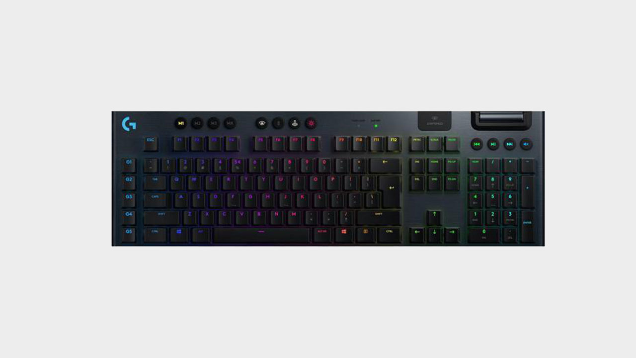 Logitech G915 wireless gaming keyboard top down on grey