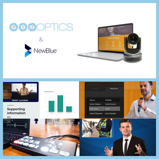 The PTZOptics and NewBlue logos paired together with their products in action after a recent partnership.
