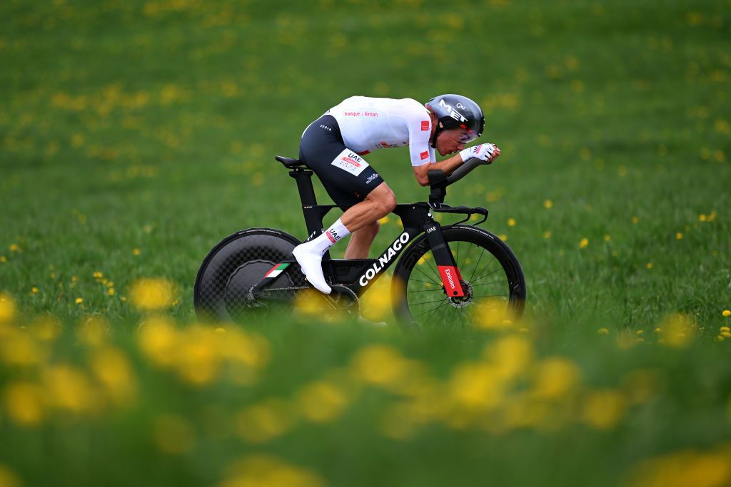 CHTELSAINTDENIS SWITZERLAND APRIL 28 Juan Ayuso of Spain and UAE Team Emirates White Best Young Jersey sprints during the 76th Tour De Romandie 2023 Stage 3 a 1875km individual time trial stage from ChtelSaintDenis to ChtelSaintDenis UCIWT on April 28 2023 in ChtelSaintDenis Switzerland Photo by Dario BelingheriGetty Images