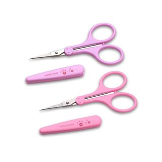 Two pink and purple scissors with safety caps
