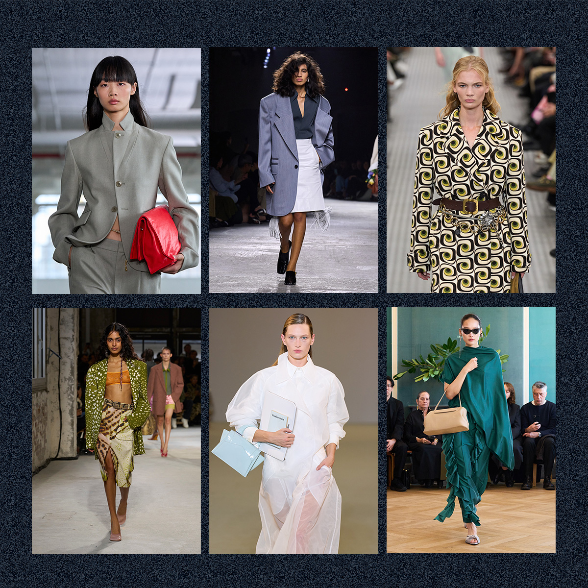 Best spring trend for each zodiac sign shown in a collage of runway images from the spring-summer 2025 collections of Tibi, Bottega Veneta; Miu Miu, Carven, Del Core, Dries Van Noten 