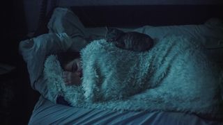 A person asleep in bed at night with a cat sleeping on top of her