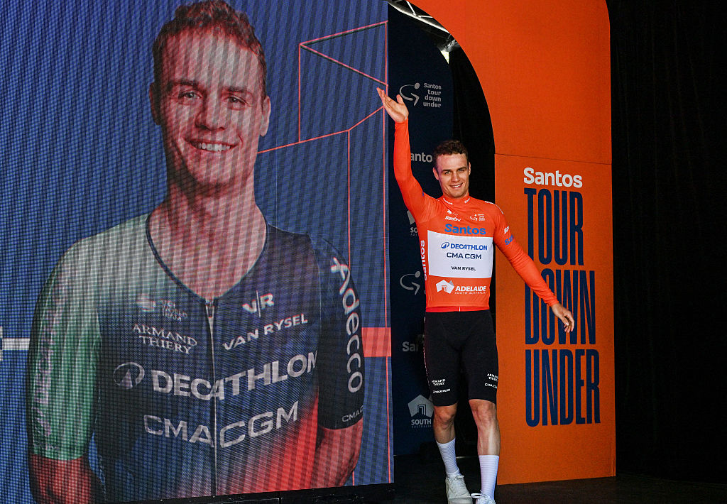 Decathlon CMA CGM rider Tobias Lund Andresen from Denmark is the overall leader after stage one of the Tour Down Under UCI Men's Cycling race in Adelaide on January 21, 2026. (Photo by Brenton Edwards / AFP) / - IMAGE RESTRICTED TO EDITORIAL USE - STRICTLY NO COMMERCIAL USE -