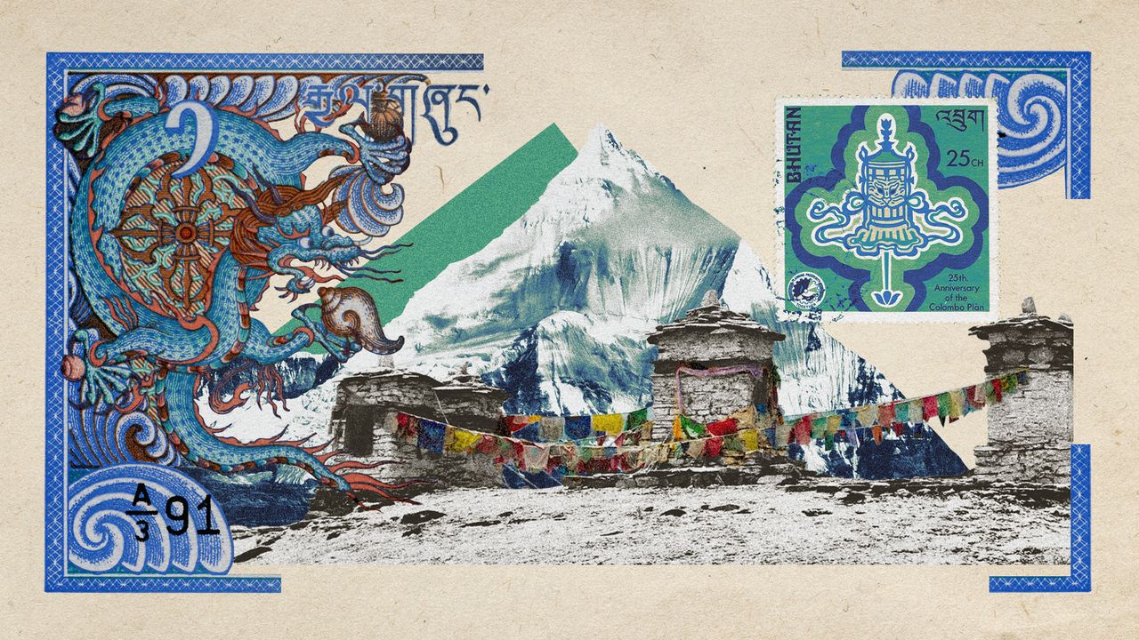 Photo collage of mountains and buddhist stupa, with a Bhutanese stamp and banknote featuring dragons