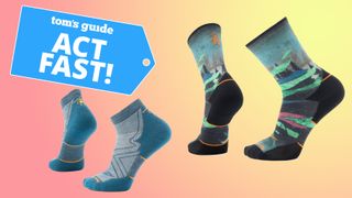 Smartwool x Altra Run Cushion Ankle Socks and Cushion Crew Socks on a colorful background