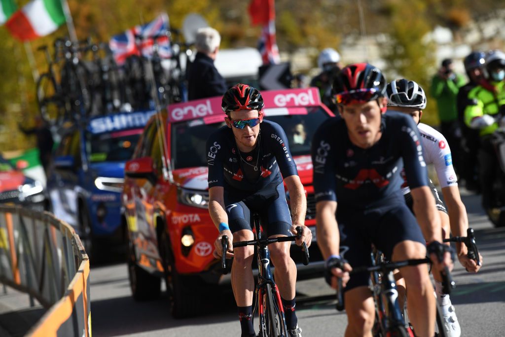 SESTRIERE ITALY OCTOBER 24 Tao Geoghegan Hart of The United Kingdom and Team INEOS Grenadiers during the 103rd Giro dItalia 2020 Stage 20 a 190km stage from Alba to Sestriere 2035m girodiitalia Giro on October 24 2020 in Sestriere Italy Photo by Tim de WaeleGetty Images