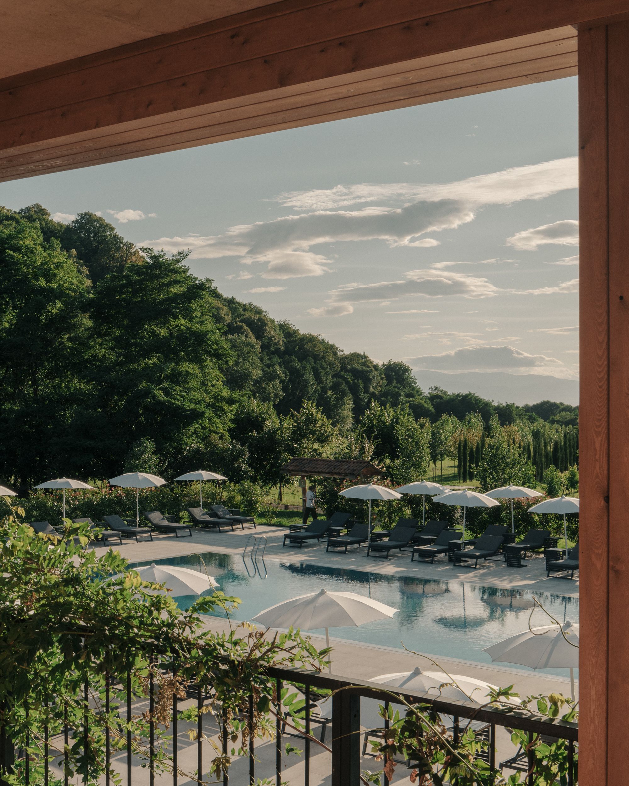 A series of pictures depicting the interior and exterior grounds of a sprawling resort, immersed in nature, between vineyards, gardens, and spa pools, and decorated with crafty artifacts.