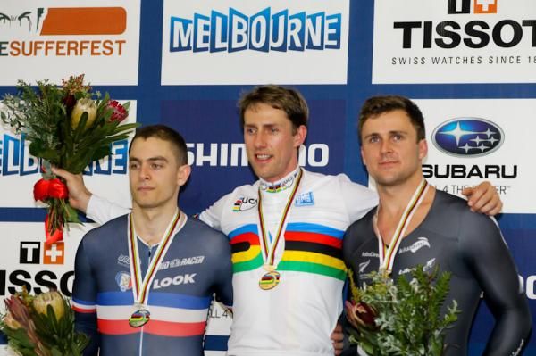 Kilo podium (l-r): Michael D'Almeida (France), Stefan Nimke (Germany) and Simon Van Velthooven (New Zealand)
