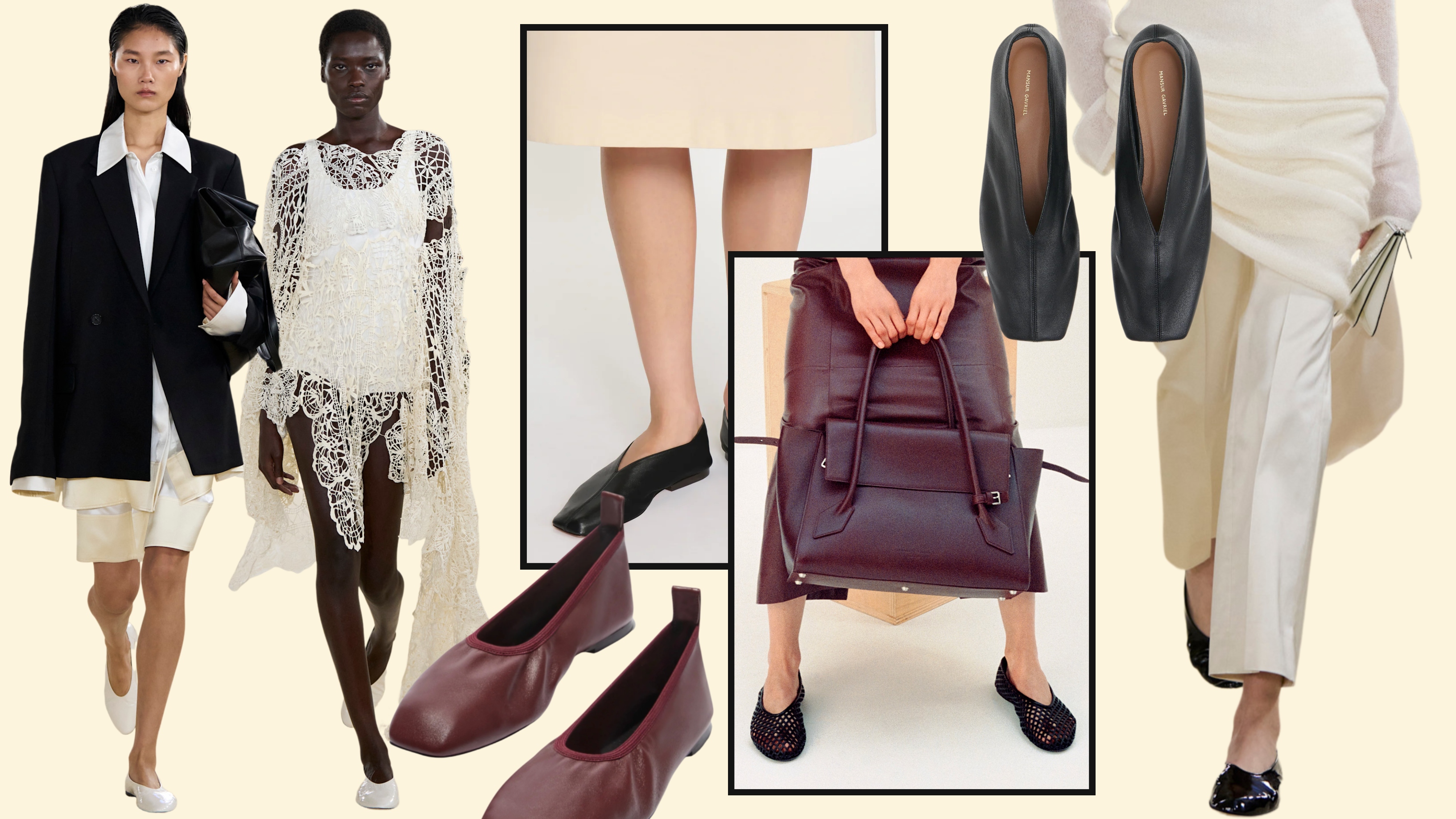 collage of women wearing high-vamp flats; spring 2026 runways of Toteme, spring 2026 collections of Staud, shoes from Mansur Gavriel 