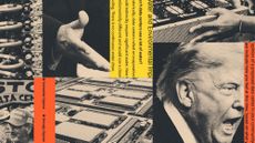Photo collage illustration of Donald Trump, exterior and interior views of a data center, protestors and text from government proposals