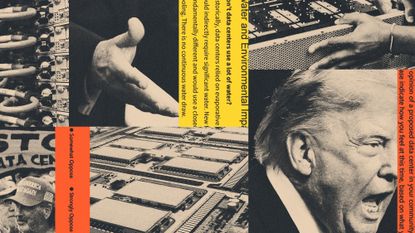 Photo collage illustration of Donald Trump, exterior and interior views of a data center, protestors and text from government proposals