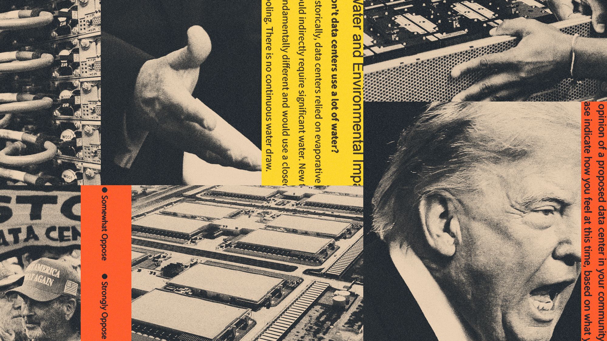 Photo collage illustration of Donald Trump, exterior and interior views of a data center, protestors and text from government proposals