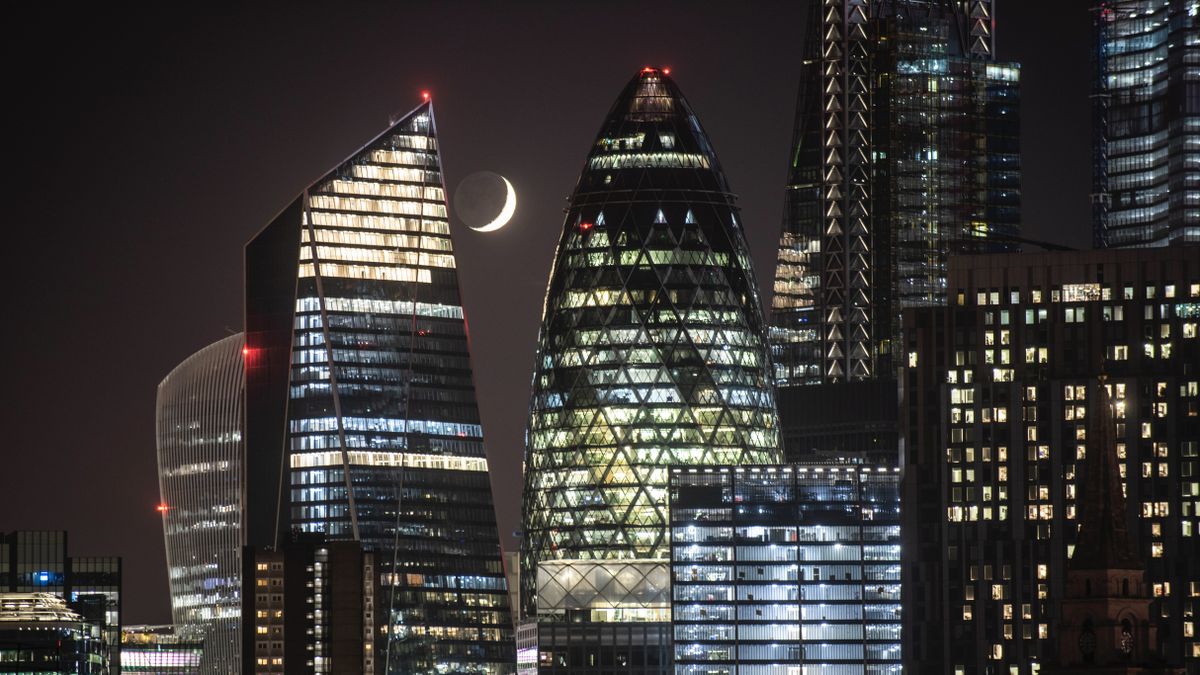 The London skyline with major office building landmarks at night