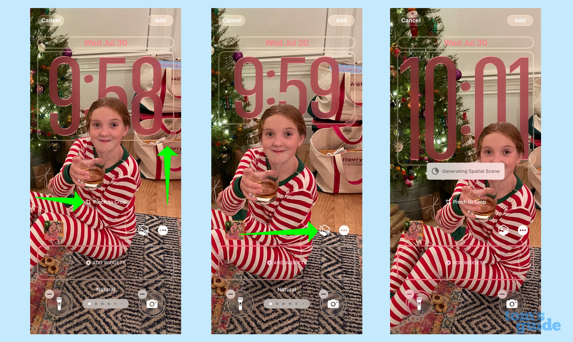 pinch to crop the photo on your lock screen and use the slider to adjust the size of the clock while a hexagon icon lets you apply spatial effects to a photo