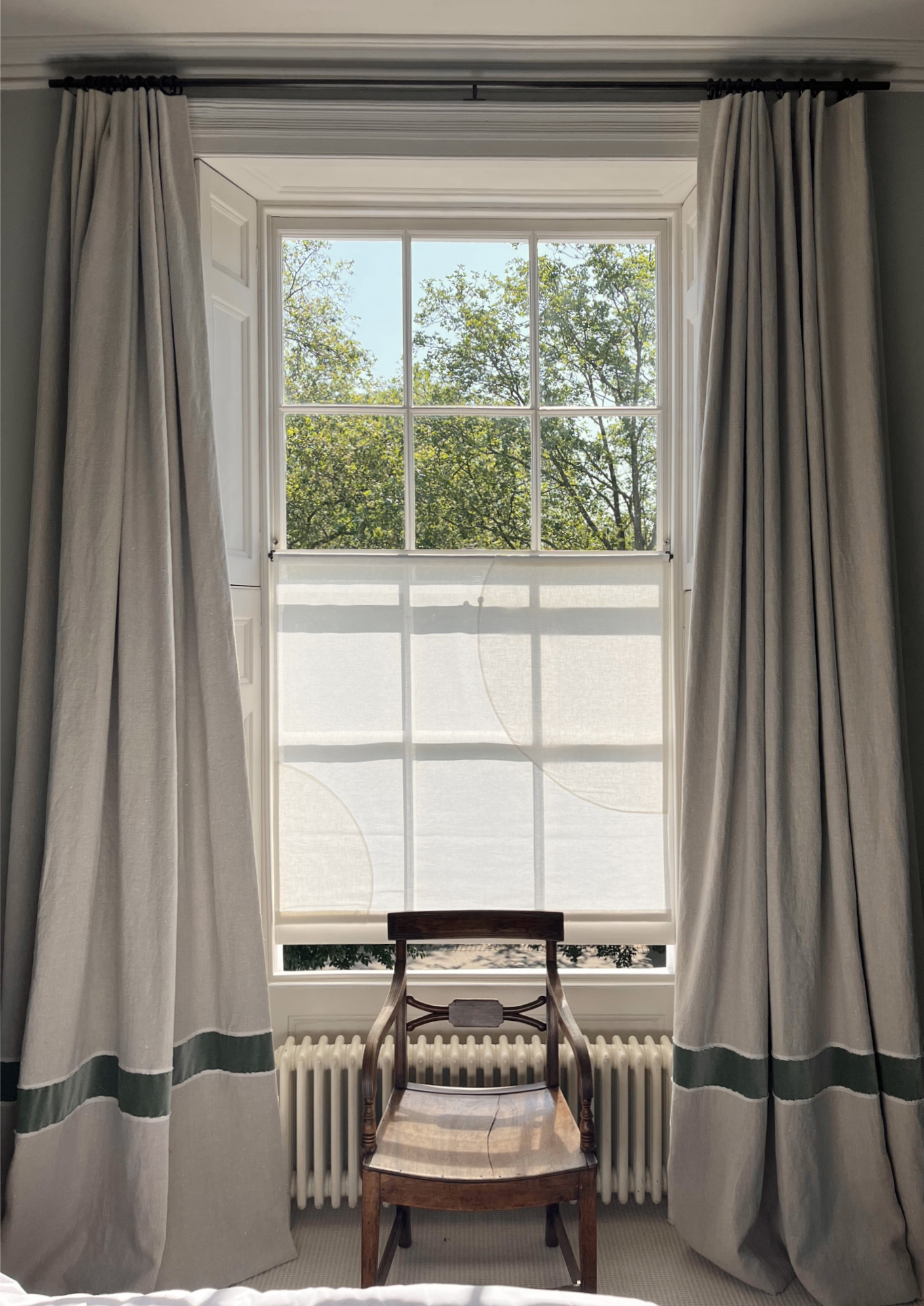 Bespoke curtains paired with handmade linen sheer blind