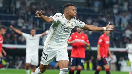 Kylian Mbapp&eacute; of Real Madrid celebrates scoring his team's first goal the LaLiga EA Sports match between Real Madrid CF and CA Osasuna at Estadio Santiago Bernabeu on August 19, 2025 in Madrid, Spain. 