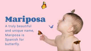 Baby on pink background covered in butterflies demonstrating the animal-inspired name Mariposa