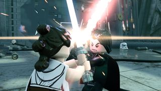 Lego Star Wars: The Skywalker Saga characters. Rey and Kylo clash lightsabers