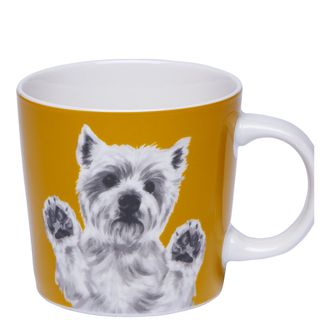 yellow colour westie mug with white background