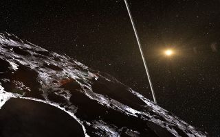 An artist's impression of the two narrow rings around Chariklo as seen from its surface. A slice of the surface of a dimly-lit, dark brown, crater-ridden rests in the left foreground, cutting the image diagonally from the top left. Right of the center, a slanted white line cuts behind the rocky mass. The background is black with sprinkled stars and a bright yellow sun in the distance.