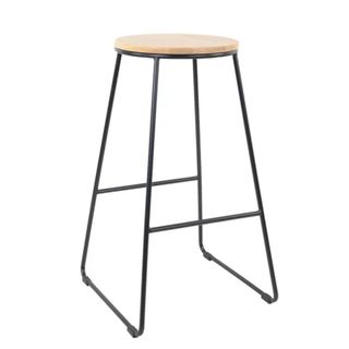 A metal base bar stool with wooden seat