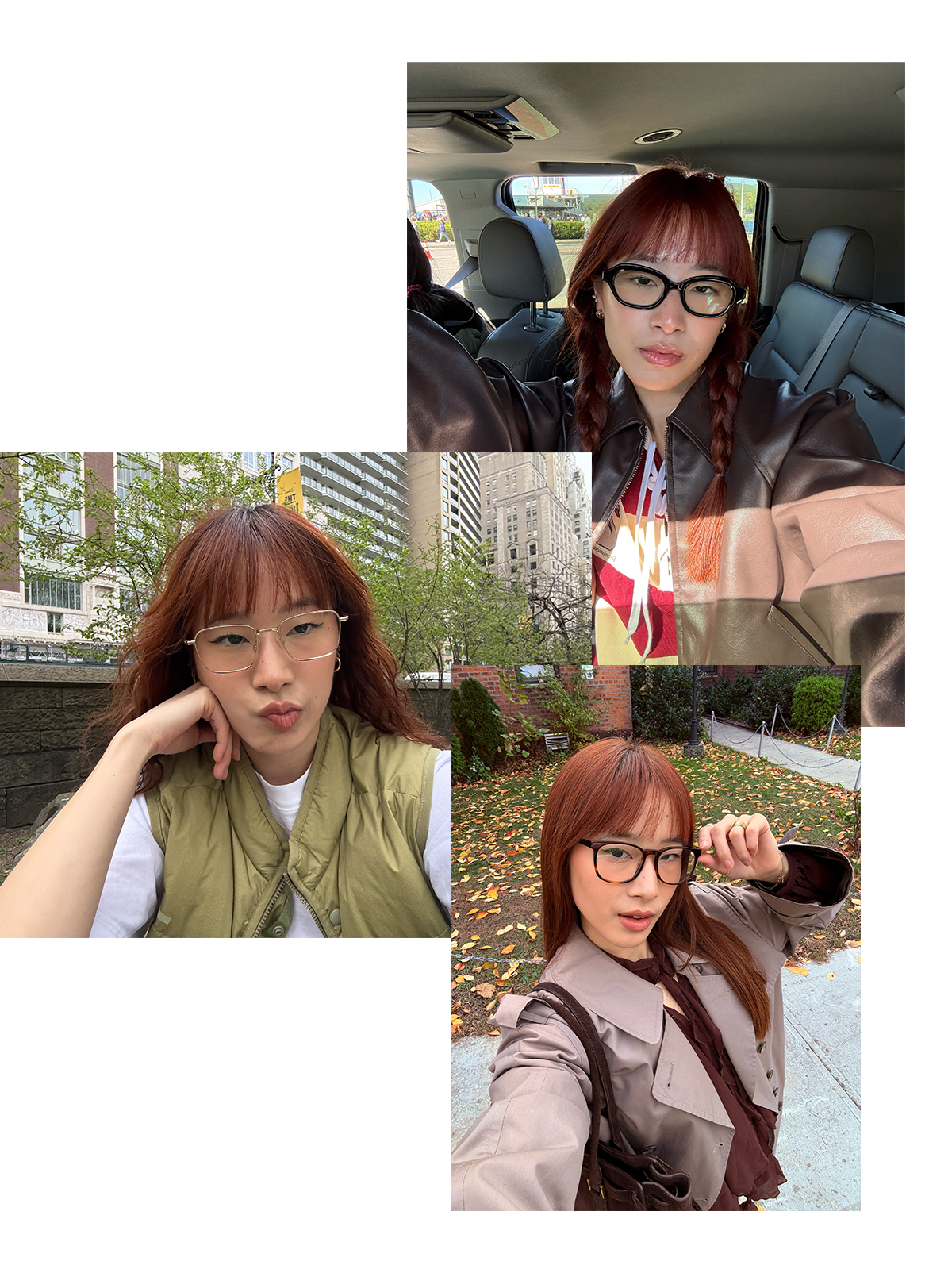 A collage showing Kristina Ang wearing different pairs of glasses.