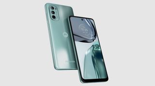 A Moto G62 in Frosted Blue from the front and back