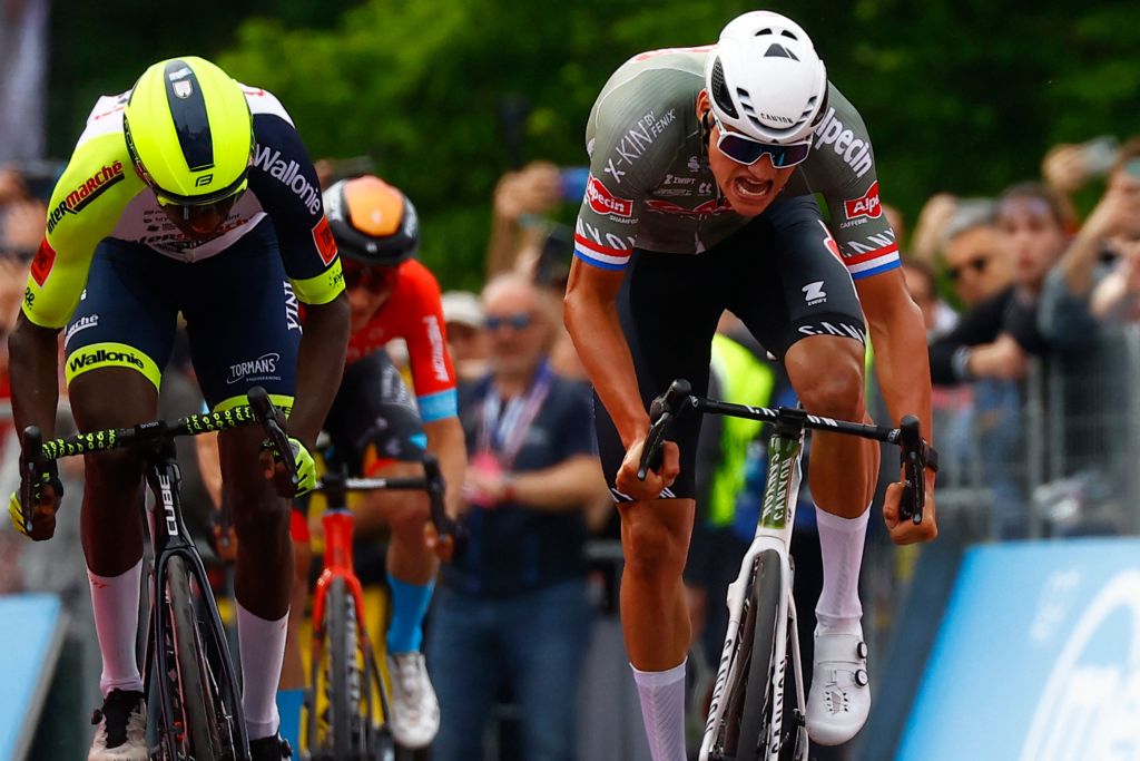Team AlpecinFenix Dutch rider Mathieu van der Poel R sprints on his way to win ahead of Team Wantys Eritrean rider Biniam Girmay Hailu L the first stage of the Giro dItalia 2022 cycling race 195 kilometers between Budapest and Visegrad Hungary on May 6 2022 Photo by Luca Bettini AFP Photo by LUCA BETTINIAFP via Getty Images