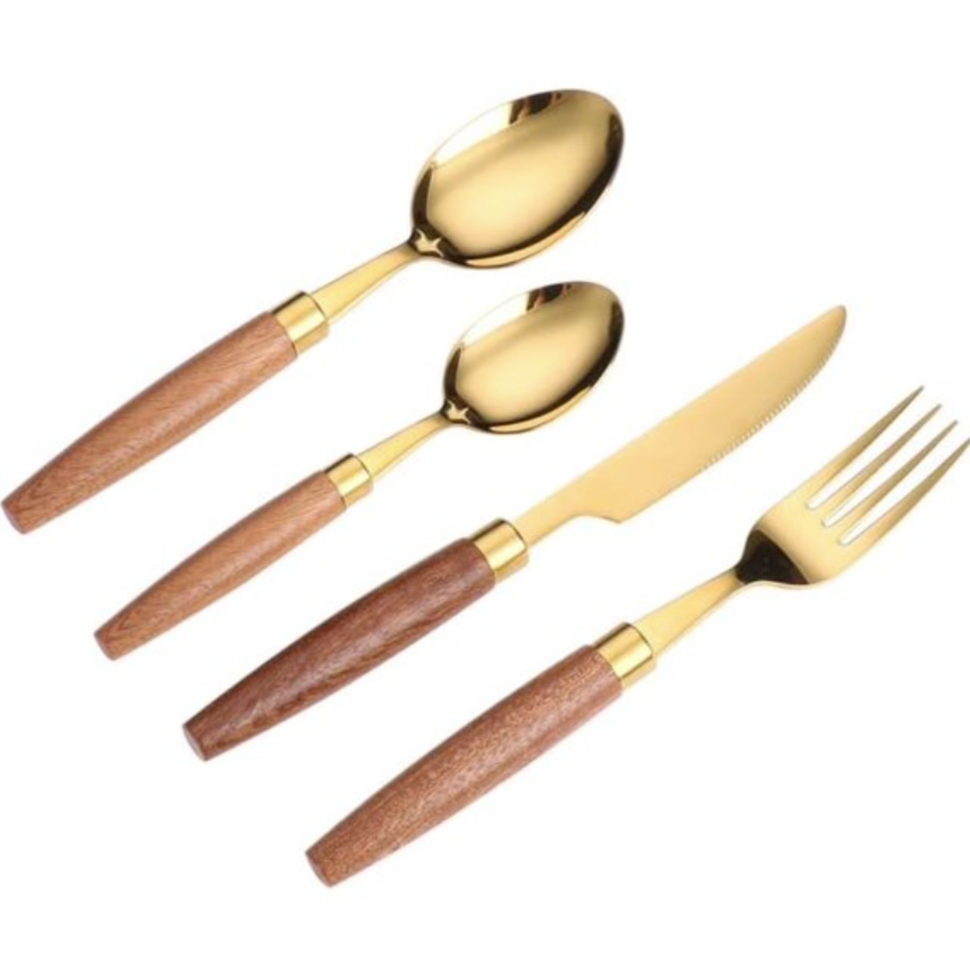 set of gold cutlery with wood handles